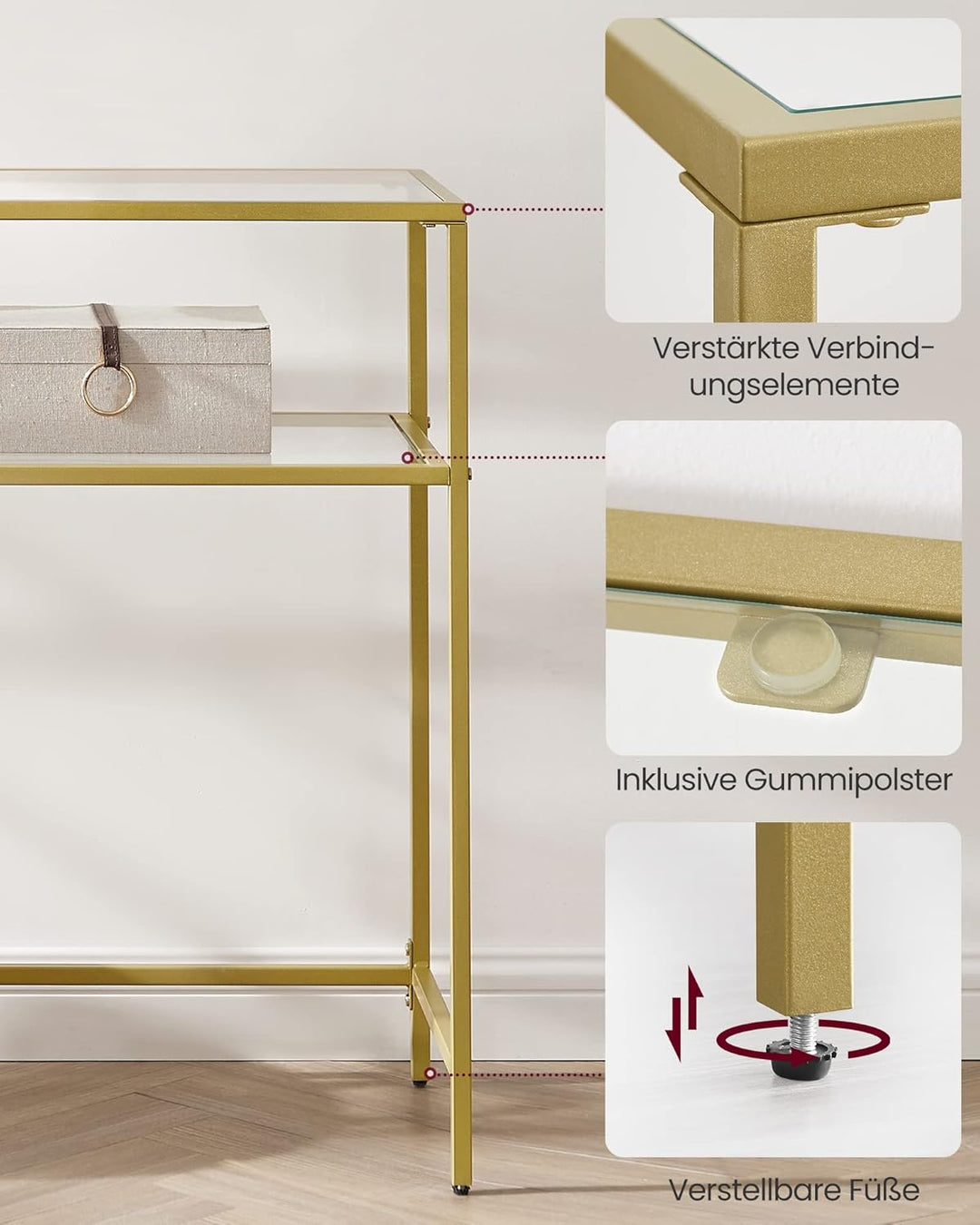 VASAGLE side table | Transparant gehard glas | Goud