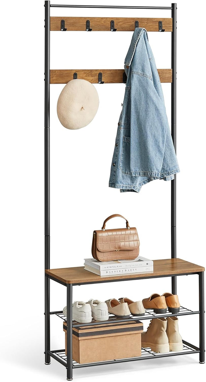 VASAGLE kapstok met schoenenrek en bankje | Industrieel | Bruin | Metaal