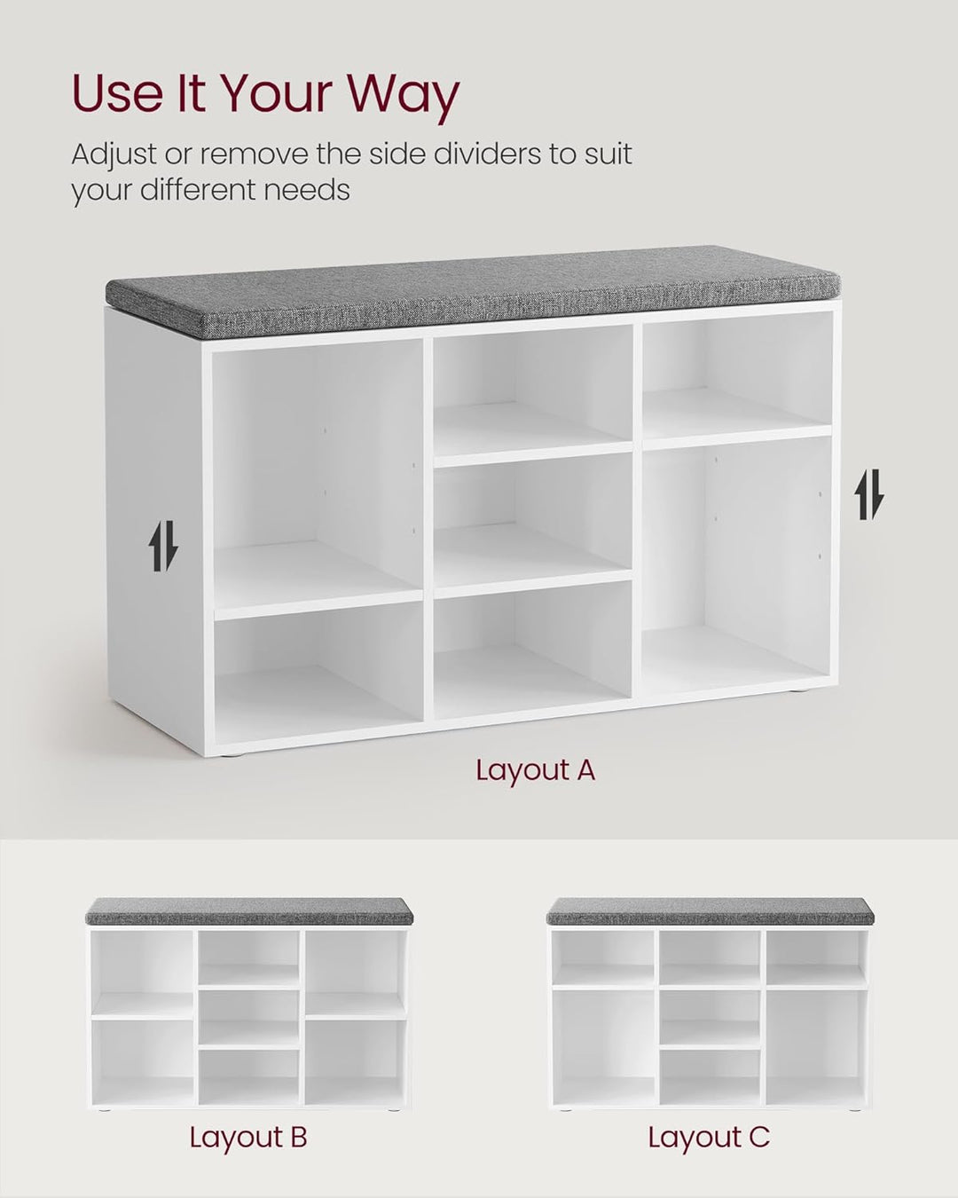 VASAGLE schoenenbank | 9 opbergvakken | Wit & grijs