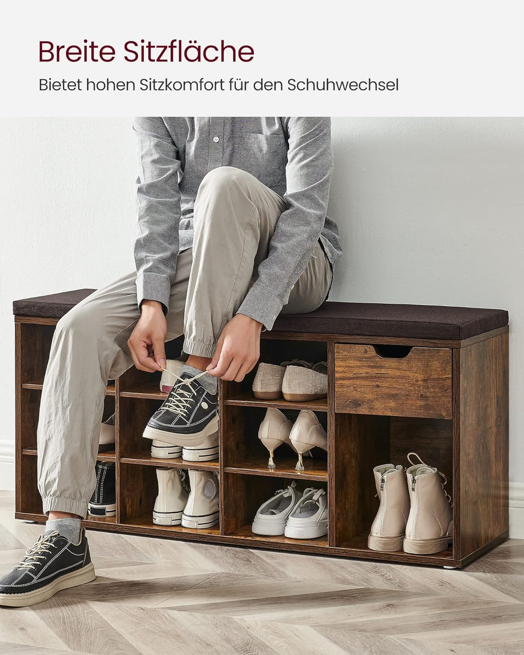 VASAGLE Schoenenrek / schoenbank met lade en open vakken | Vintage Bruin