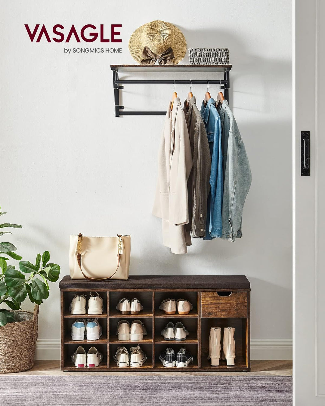 VASAGLE Schoenenrek / schoenbank met lade en open vakken | Vintage Bruin