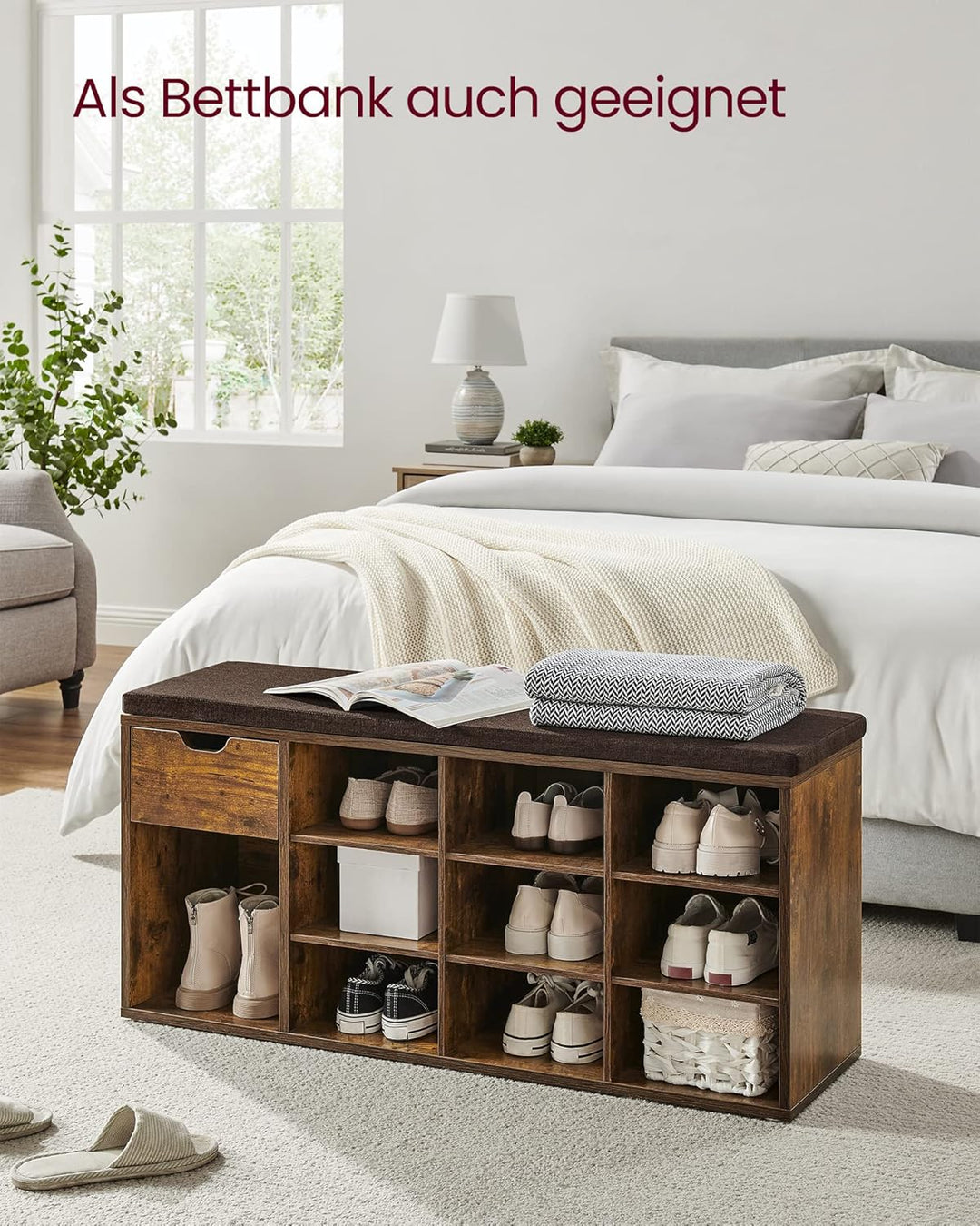 VASAGLE Schoenenrek / schoenbank met lade en open vakken | Vintage Bruin