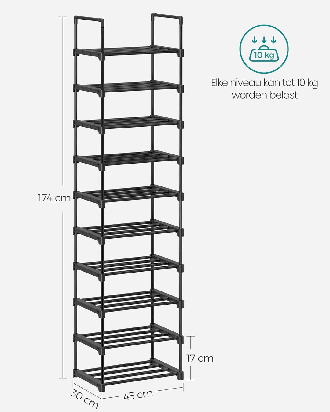SONGMICS schoenenrek | 10 niveaus | Zwart metaal | Open vakken