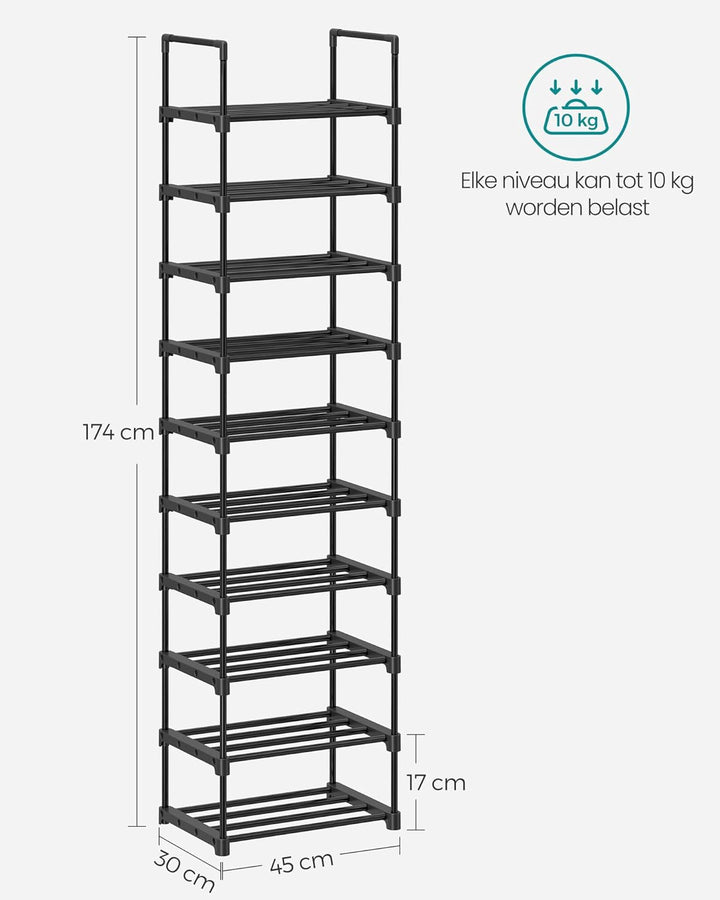 SONGMICS schoenenrek | 10 niveaus | Zwart metaal | Open vakken