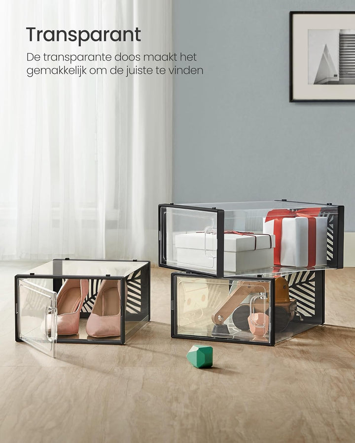 SONGMICS schoenenboxen | 18 stuks | Transparant / zwart | Tot en met maat 44