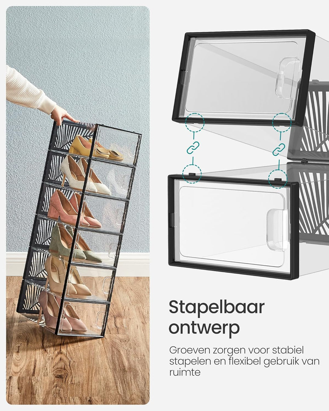 SONGMICS schoenenboxen | 18 stuks | Transparant / zwart | Tot en met maat 44