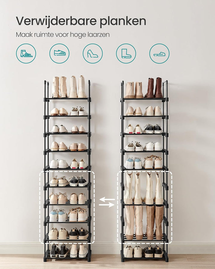 SONGMICS schoenenrek | 10 niveaus | Zwart metaal | Open vakken