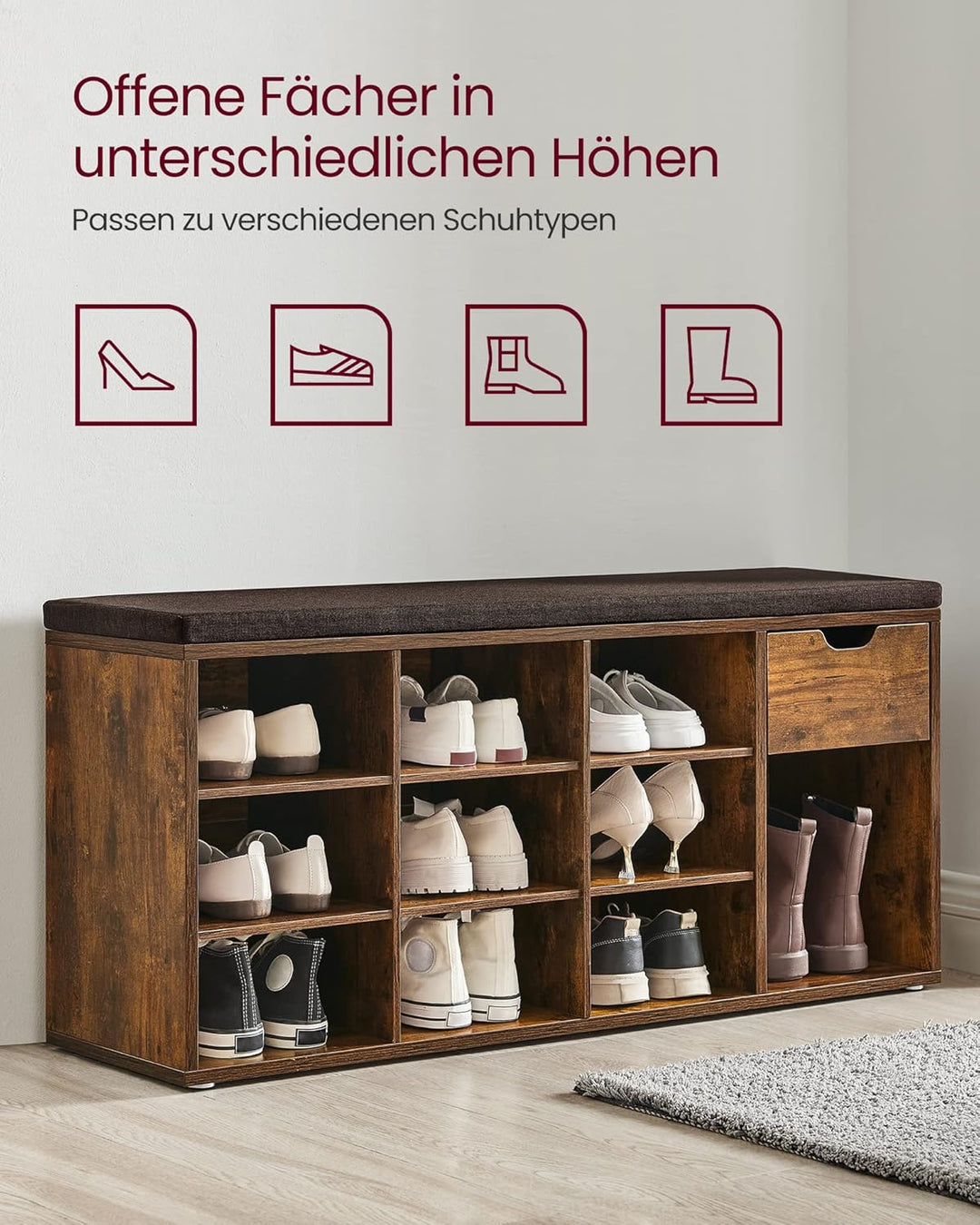 VASAGLE Schoenenrek / schoenbank met lade en open vakken | Vintage Bruin