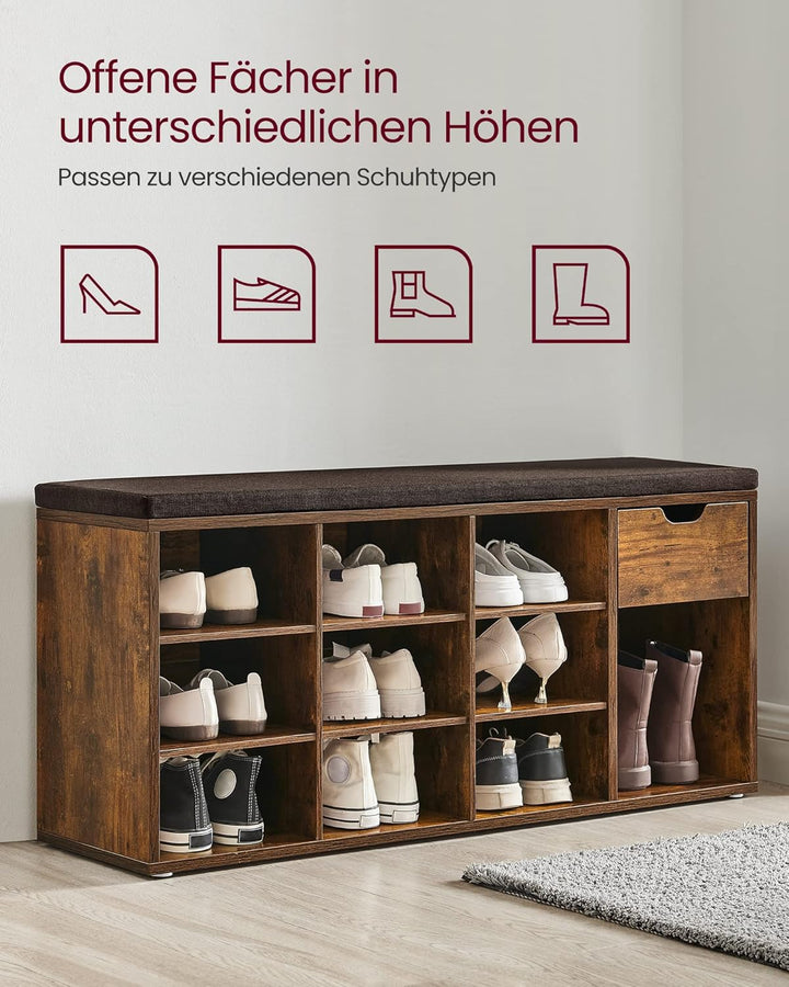 VASAGLE Schoenenrek / schoenbank met lade en open vakken | Vintage Bruin