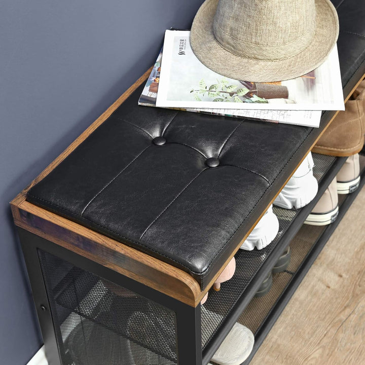 VASAGLE schoenenbank vintage stijl | Zwart leer