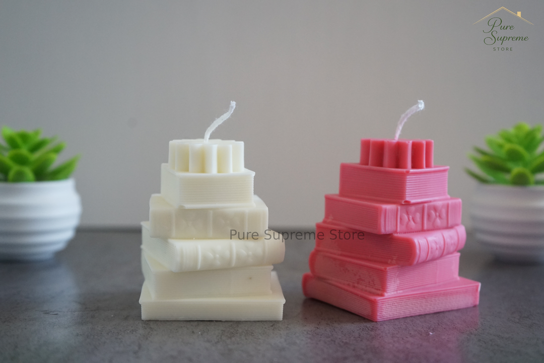 Decoratie kaarsenset boekenstapel wit & roze | Handgemaakt