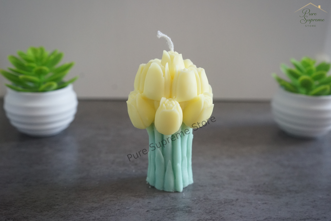 Decorative candle tulip yellow & mint green | Handmade