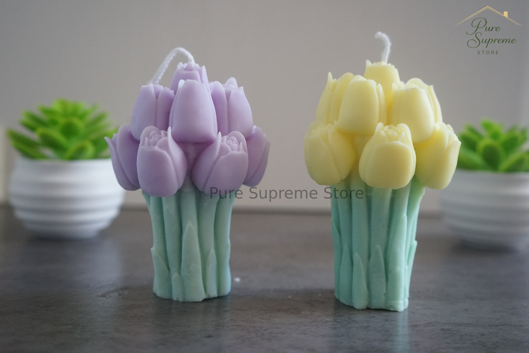 Decoratie kaarsenset tulpen paars & geel | Handgemaakt