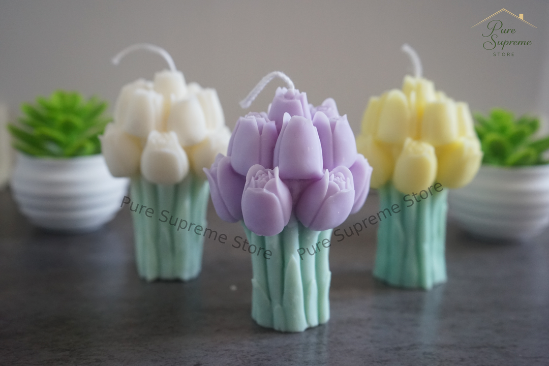 Decoratie kaarsenset tulpen wit, paars & geel | Handgemaakt